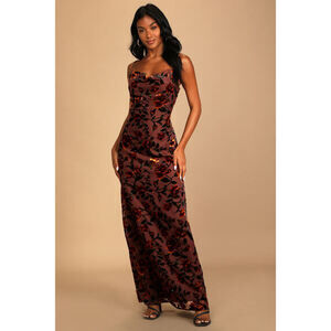 Lulus Romance In The Making Plum Purple Floral Print Velvet Maxi Dress - Size L